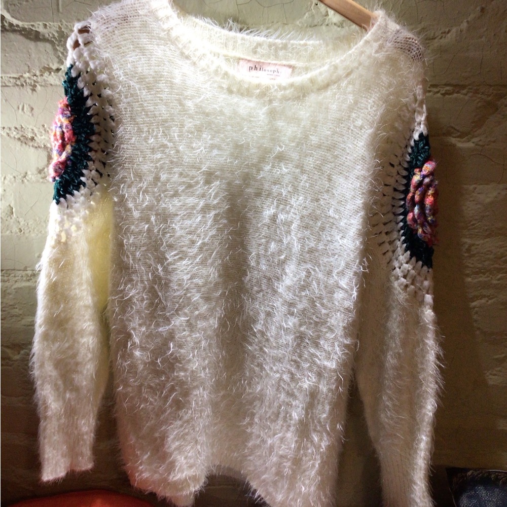NEW! RaRe Philosophy White  Knit Sweater with Floral Crochet Elbow Detail